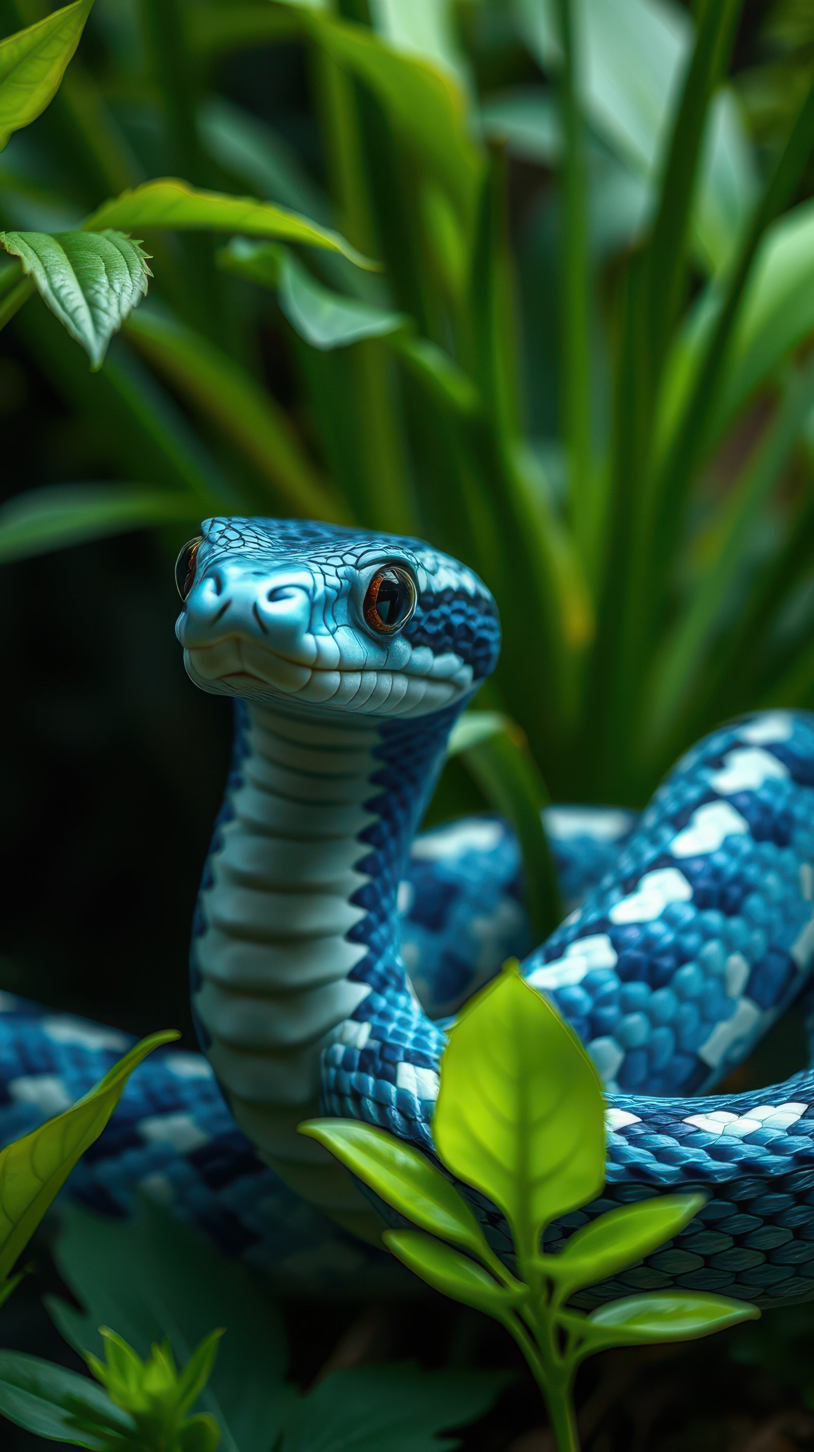Beautiful blue snake coiled among green foliage in a lush habitat during daylight hours